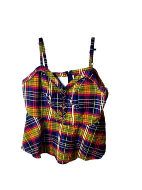 Torrid baby doll, Plaid vibrant Multicolor Women's Top with shoelace detail 3X